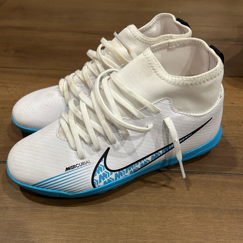 Kids size 4 Nike Mercurial White and Blue Turf Shoes